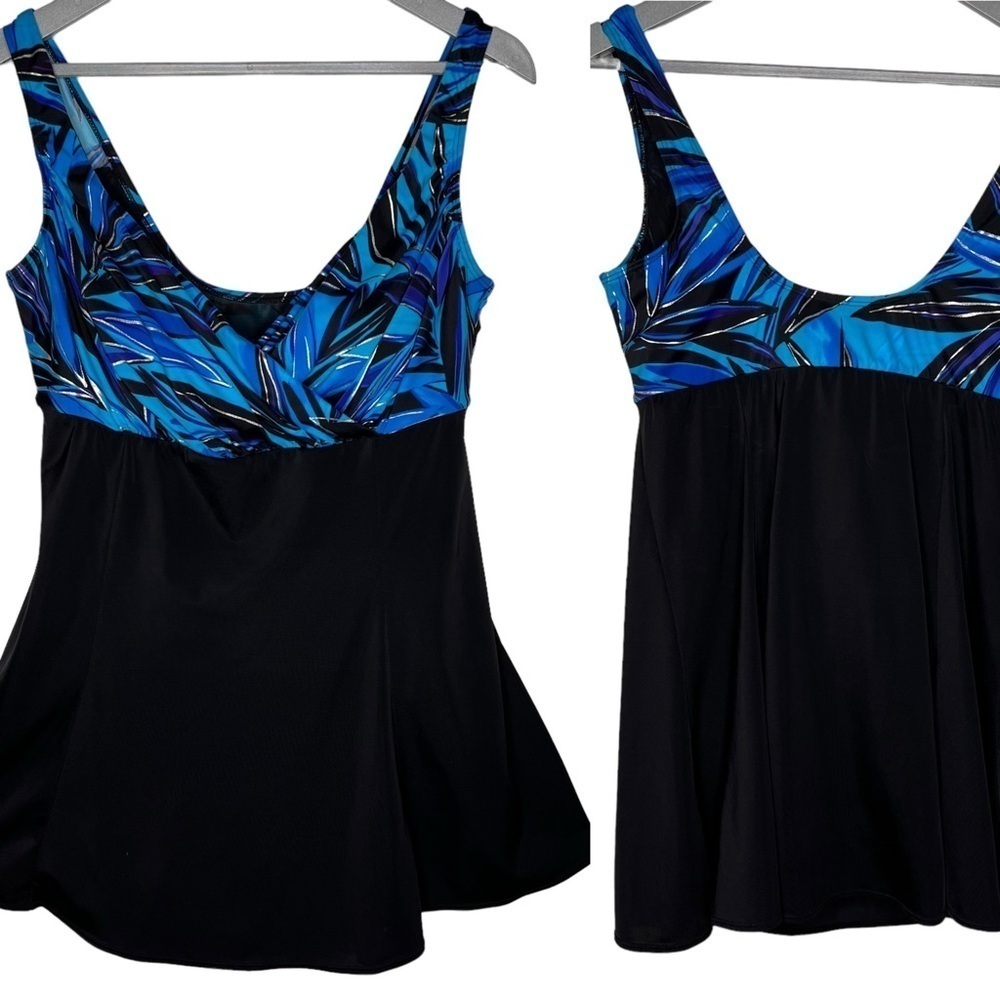Longitude Skirted Swim Dress Size 10 Black Blue Print Long Torso Straight Back - Picture 13 of 13
